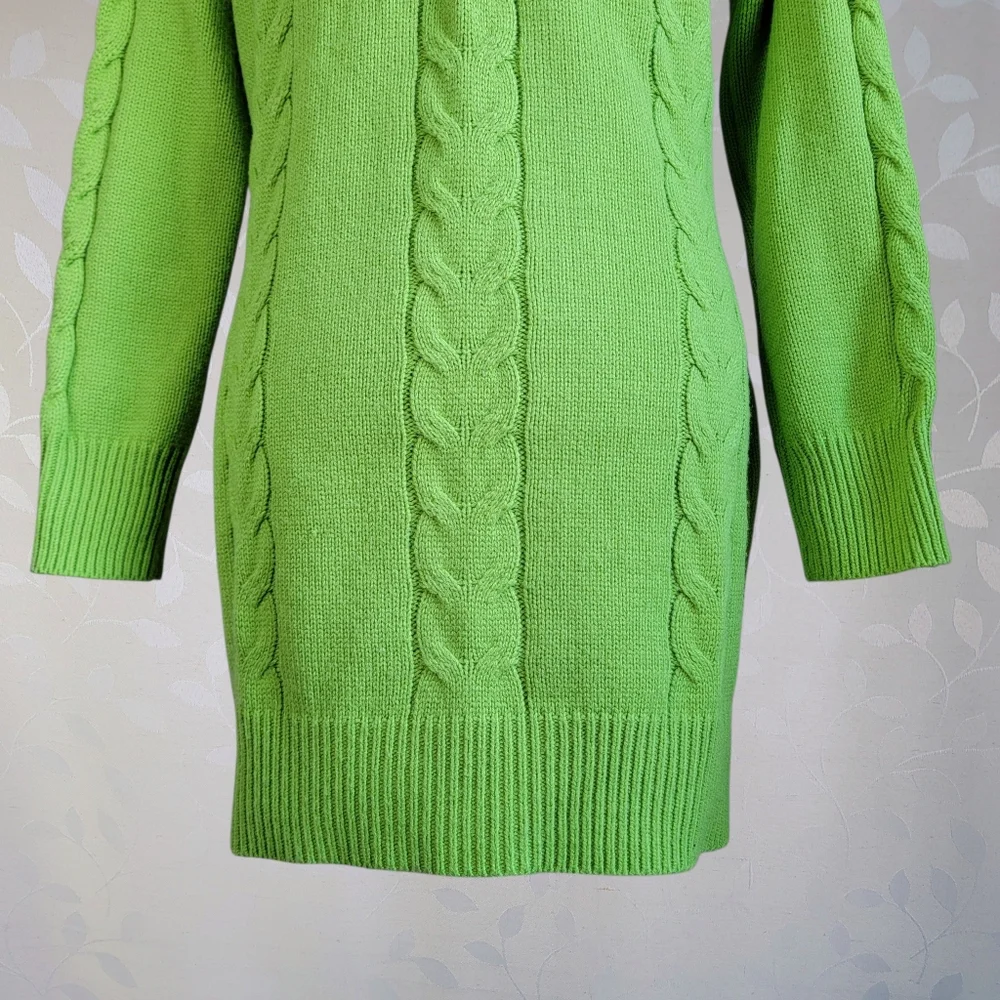 Lime Green Cable Knit Sweater Dress Crew Neck Long Sleeve Size M - Picture 7 of 9